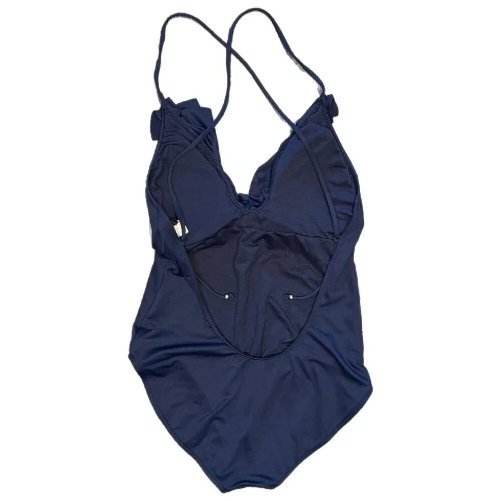 Polo Ralph Lauren Swimsuit Size Large Navy Blue One Piece Scoop Back Ruffle Pony - Picture 3 of 16